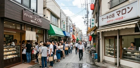 商店街で、行列ができている左側の店と、お客さんがいない右側の店が向かい合っている様子