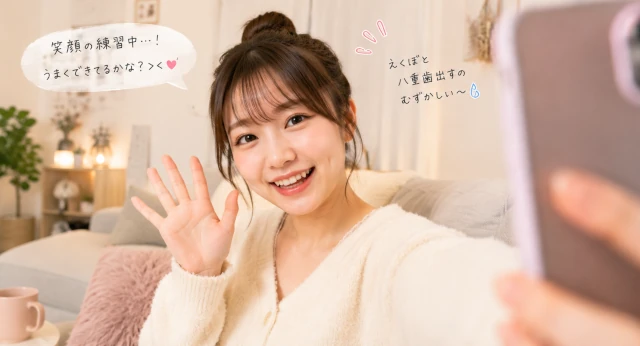 自宅でスマホを持ち、笑顔でカメラに手を振りながら配信の練習をする女性。DXLIVEの無料チャットで待機中に笑顔やカメラ映りを練習するイメージ