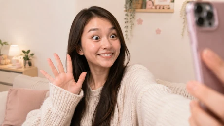 スマホで自撮りしながら、目を大きく見開いて作り笑顔を浮かべる女性。DXLIVEの無料チャットで作り笑顔が不自然に見える例