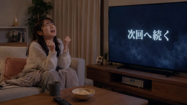 リビングのソファでテレビドラマを見ている女性。いちばんいいところで「次回に続く」と表示され、続きが気になって悔しがっている様子
