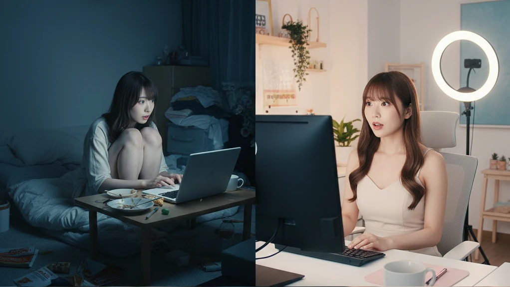 薄暗い部屋で配信する女性と、明るい個室でプロ機材を使う女性の比較