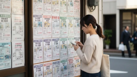 不動産屋の物件情報を見ながらスマホで調べる女性。チャットレディが賃貸審査に通るための就労証明を検討している場面。