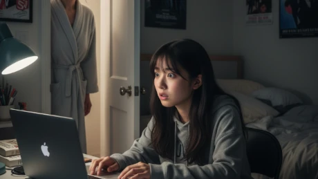 実家の自室で夜にノートパソコンに向かう若い女性。在宅チャットレディを実家でするときの親バレリスクのイメージ