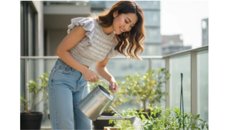 ベランダのプランターに水やりをしている日本人女性。種まきして丁寧に水やりをするように、チャットレディの初月は1人ひとりの客とのつながりを育てる種まき期間であることのイメージ。